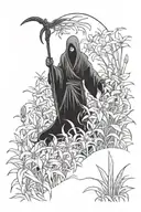 Death with a scythe standing in a field of spider lilies tattoo design idea
