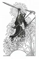 Death with a scythe standing in a field of spider lilies tattoo design idea