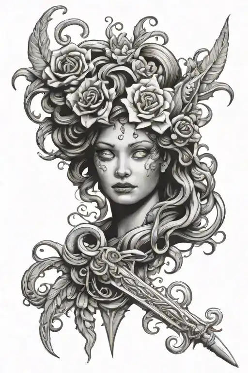 Medusa floral dagger going tattoo design idea