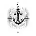 anchor, initials J and F, sentence in cursive saying "twin flames forever" tattoo design idea