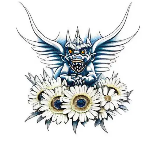gargoyle with white daisies tattoo design idea
