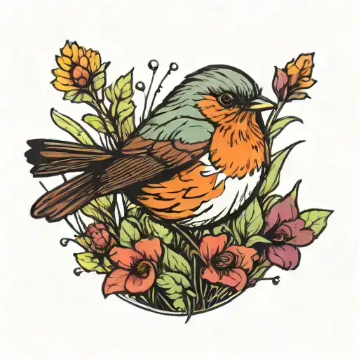 A robin standing in a meadow using vivid colors tattoo design idea