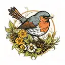 A robin standing in a meadow using vivid colors tattoo design idea