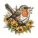 A robin standing in a meadow using vivid colors tattoo design idea