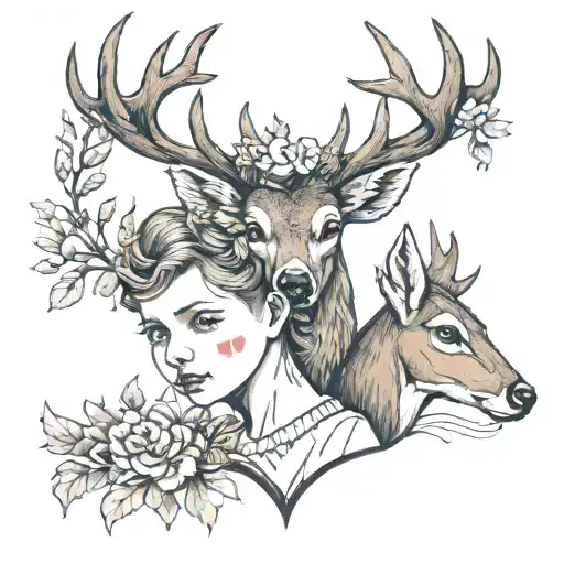 two kids and deer head tattoo design idea