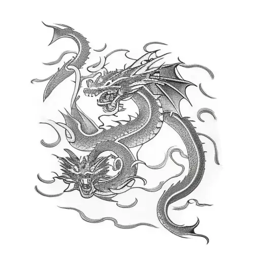 Dragon sleevee with clouds and wawes tattoo design idea
