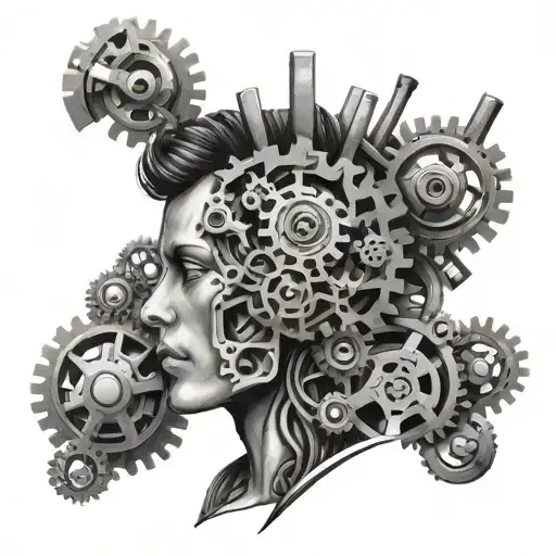 Mechanical head made of gears and cogs tattoo design idea