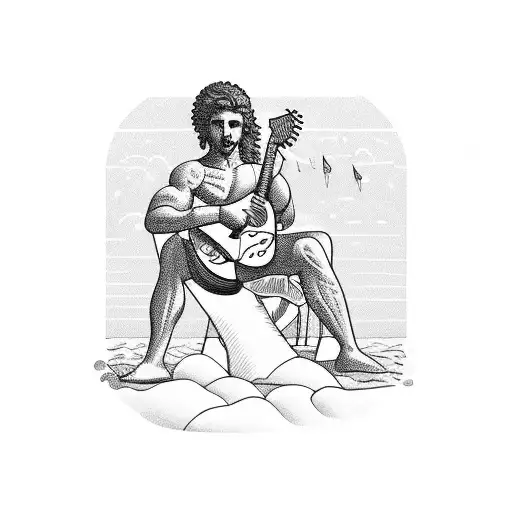 A blackwork tattoo of the Greek god Apollo playing a guitar on a beach with palm trees tattoo design idea
