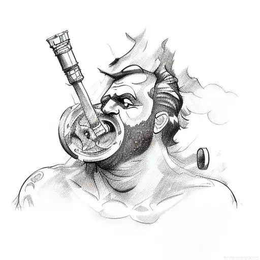 A sketch-style tattoo of the Greek god Hephaestus working on a motorcycle engine tattoo design idea