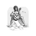 A blackwork tattoo of the Greek god Apollo playing a guitar on a beach with palm trees tattoo design idea