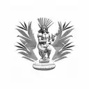 A blackwork tattoo of the Greek god Apollo playing a guitar on a beach with palm trees tattoo design idea