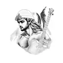 A blackwork tattoo of the Greek god Apollo playing a guitar on a beach with palm trees tattoo design idea