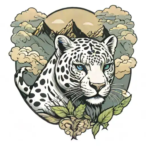 snow leopord with samuri mask with clouds and mountains in background tattoo design idea