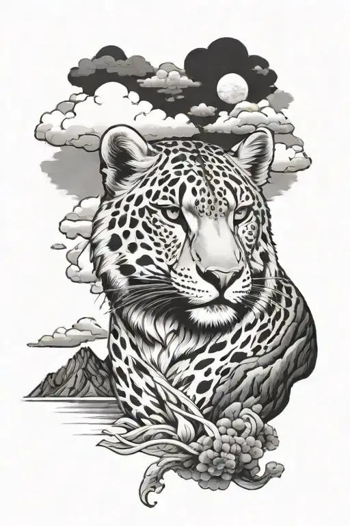 snow leopord wearing samuri mask with clouds and mountains in background tattoo design idea