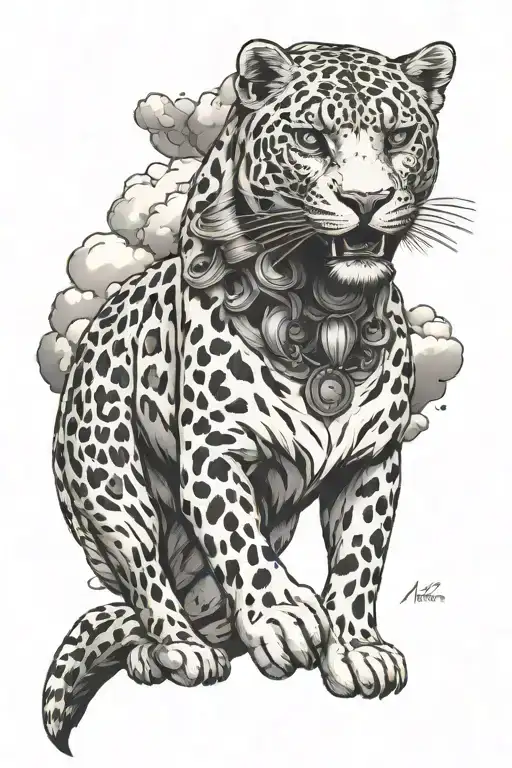 snow leopord with samuri mask with clouds and mountains in background tattoo design idea