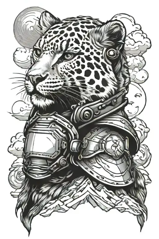Snow leopard with samuri helmet with clouds and mountains in the background  tattoo design idea