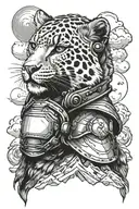 Snow leopard with samuri helmet with clouds and mountains in the background  tattoo design idea