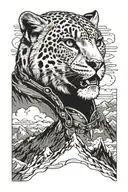 Snow leopard with samuri helmet with clouds and mountains in the background  tattoo design idea