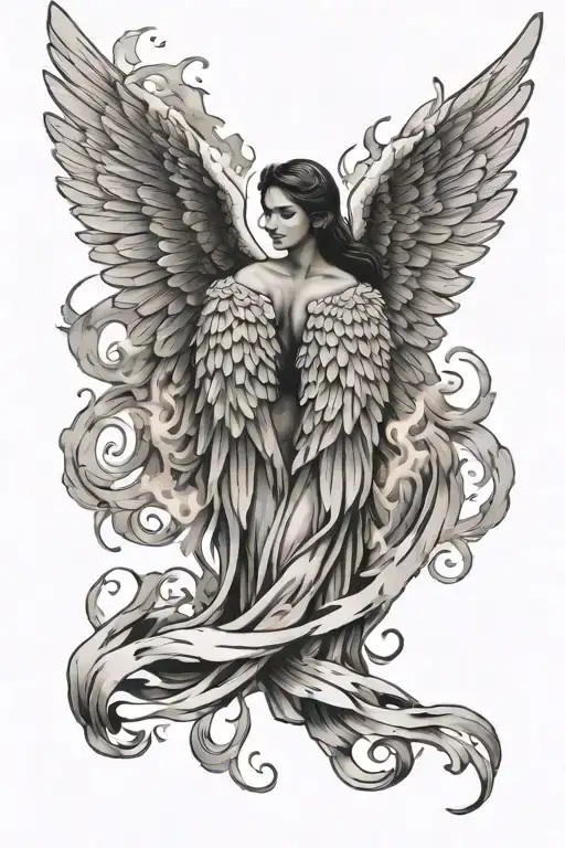 angel wings with one burning  tattoo design idea