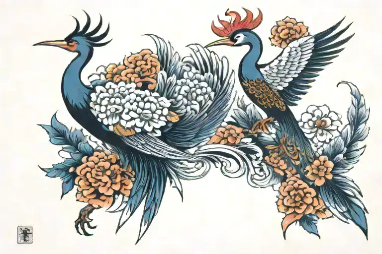 phoenix and crane bird tattoo design idea