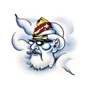 wizard with blank eyes stirring a vat of cotton candy tattoo design idea