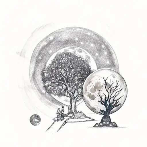 Moony and padfoot in front of the whomping willow under a full moon night tattoo design idea