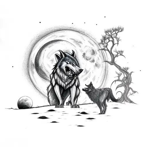 werewolf on hind legs howling and large black dog in front of the whomping willow under a full moon night tattoo design idea