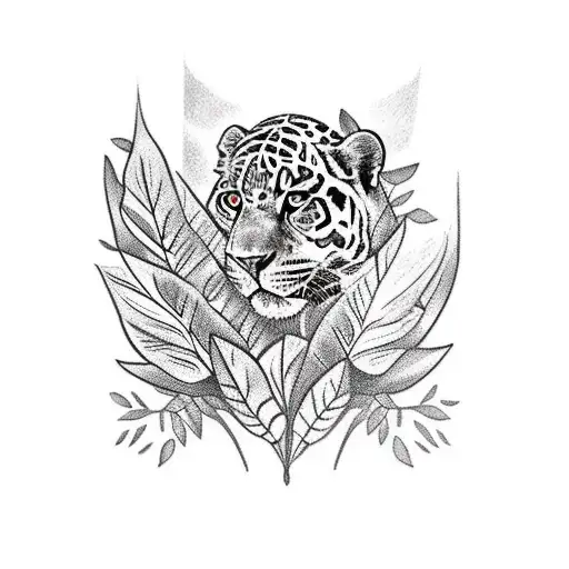 jungle leaves with jaguar aztec at night tattoo design idea