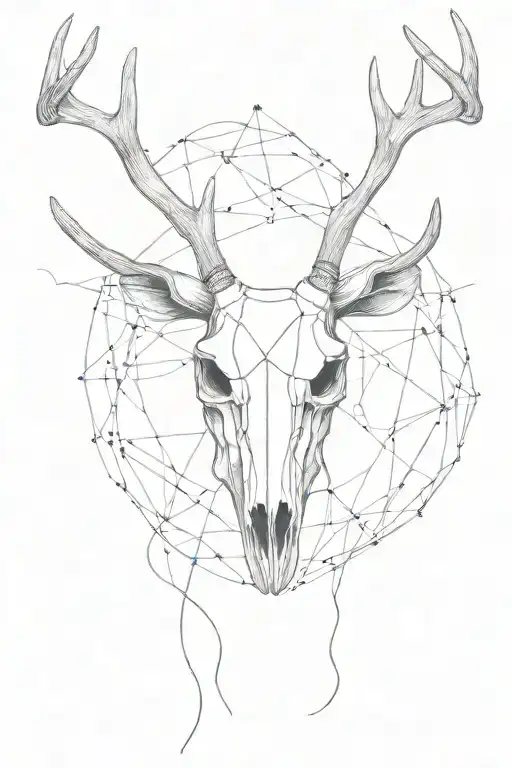 fine line deer skull with cob webs in antlers  tattoo design idea