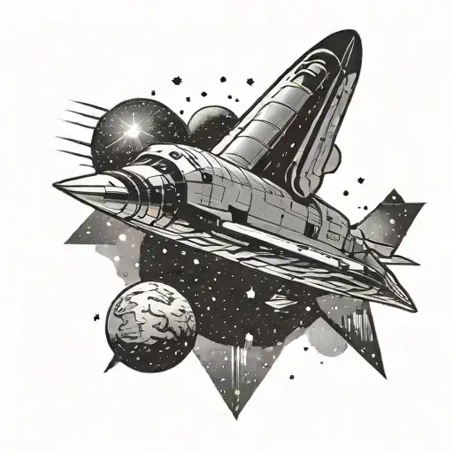 A black-grey tattoo of a space shuttle flying through a field of stars with a reptile silhouette in the background tattoo design idea