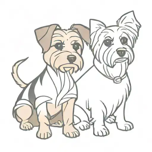 Yorkie and Sausage dog sitting side by side, outline, not many lines tattoo design idea