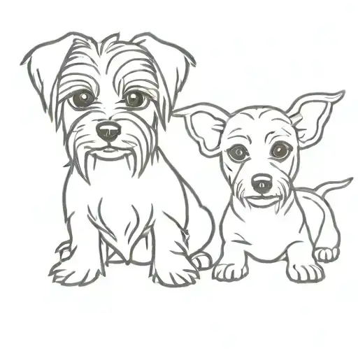 Yorkie and Sausage dog sitting side by side, outline, not many lines tattoo design idea
