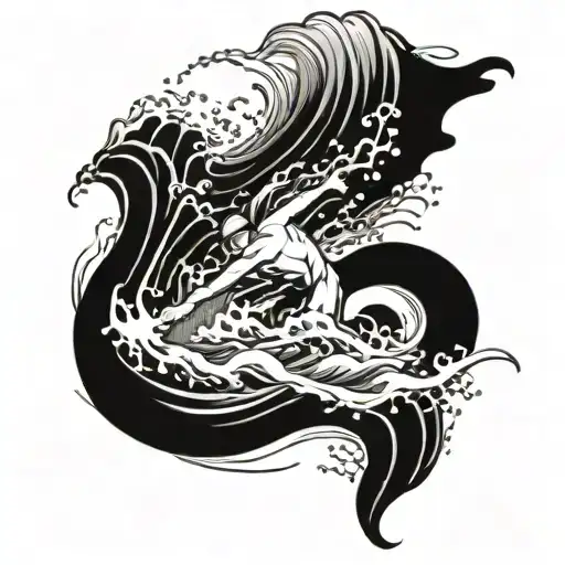 Swimmer diving into a wave made of Japanese kanji characters tattoo design idea