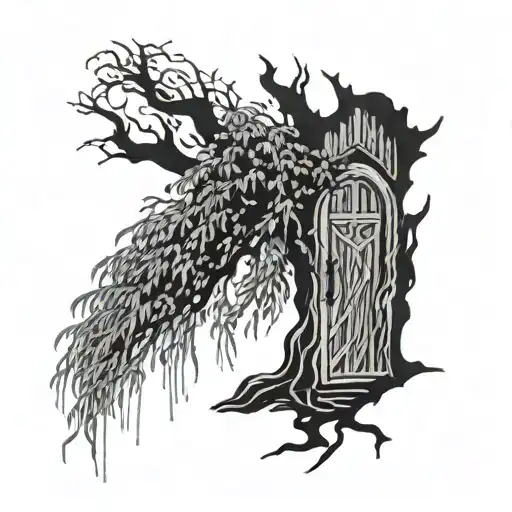 berserk anime style tattoo, weeping willow tree, door tattoo design idea