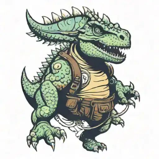 carnotaurus carrying a baby triceratops in a fanny pack tattoo design idea