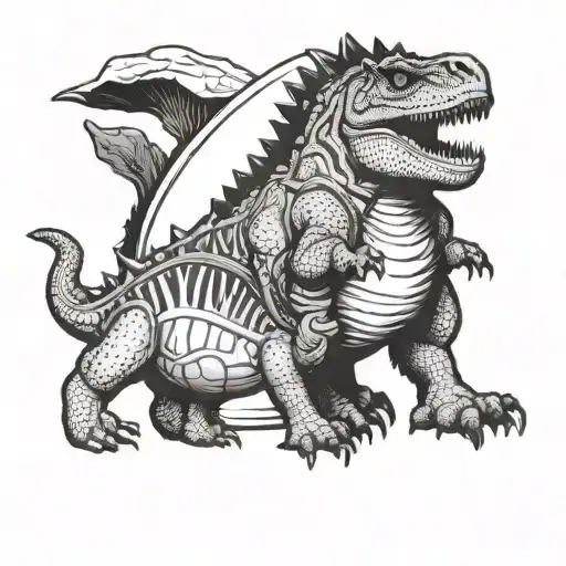 carnotaurus carrying a baby triceratops in a fanny pack tattoo design idea