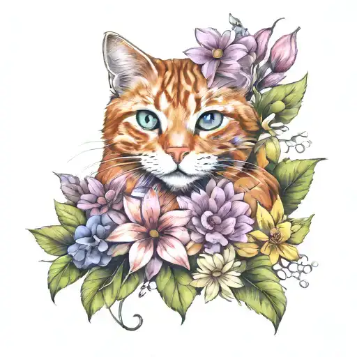 An orange cat surrounded by a variety of colorful flowers, depicted in a realistic style to showcase the photographer's love for both animals and nature tattoo design idea