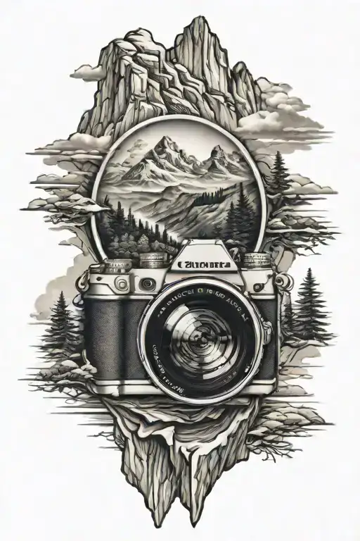 Camera lens with a mountain landscape inside tattoo design idea