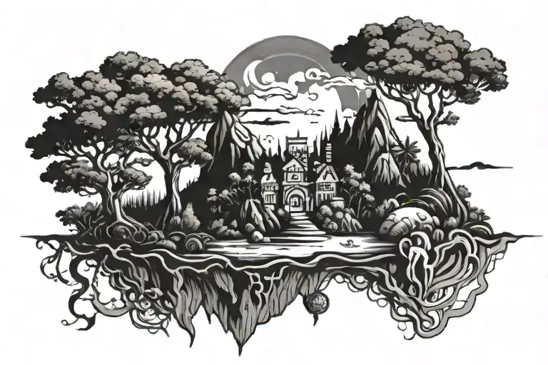 mythical environment with floating island surrounded tattoo design idea