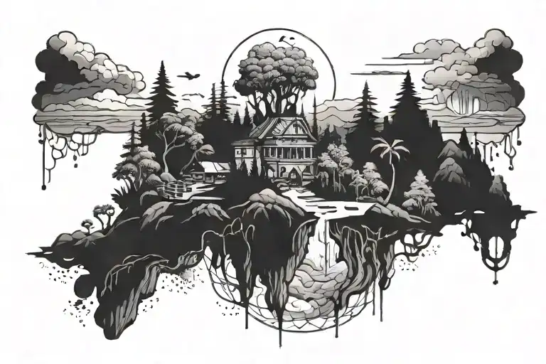 mythical environment with floating island landscape tattoo design idea