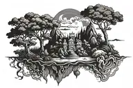 mythical environment with floating island surrounded tattoo design idea