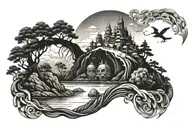 mythical environment with floating island surrounded tattoo design idea