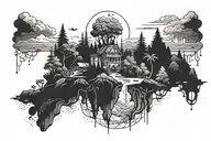 mythical environment with floating island landscape tattoo design idea