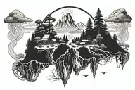 mythical environment with floating island landscape tattoo design idea