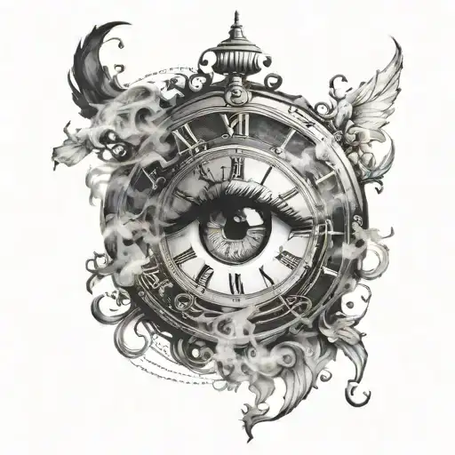 eye of a woman with an old clock that's telling 12:11 with smoke around the design and authintc design tattoo design idea