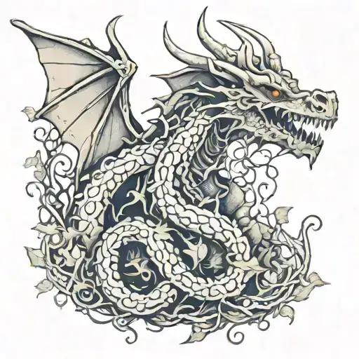 gothic dragon wrapped in vines and skulls tattoo design idea