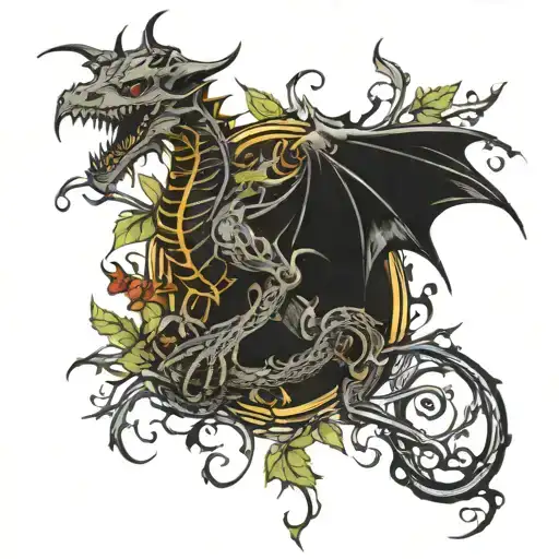 gothic dragon wrapped in vines and skulls tattoo design idea