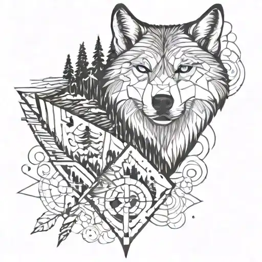 half wolf face with blue eyes & half camera with mountains,birds and pine forest along with a flowing river. tattoo design idea