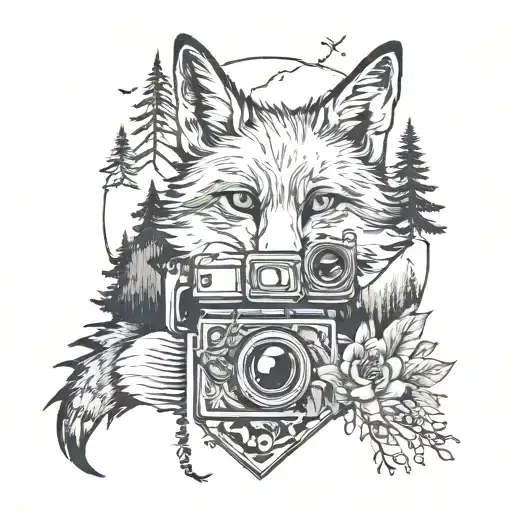 half fox face & half camera with mountains,birds and pine forest along with a flowing river. tattoo design idea