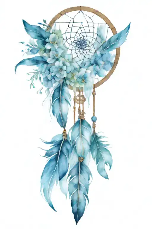 Dreamcatcher with 2 feathers with names incorporated into feathers. columbine flowers on the side tattoo design idea